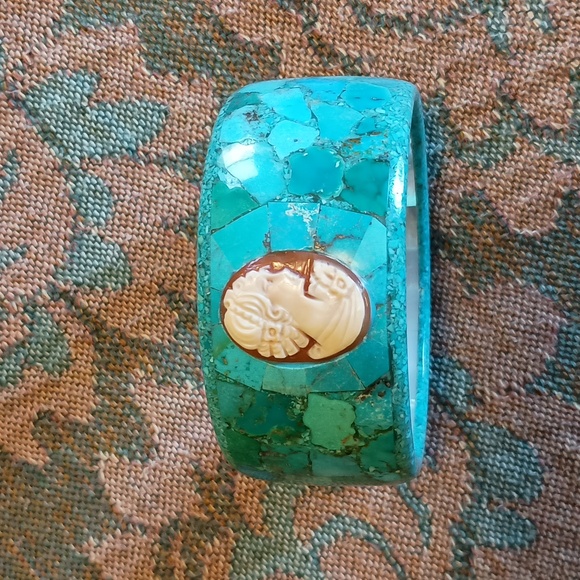 Unique Turquoise & Cameo Mosaic Bangle Bracelet - Picture 3 of 9